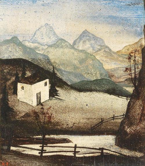 Otto Rudolf Schatz, Landschaft mit Haus, um 1937, Kaseintempera, Japanlack auf Holz, 11,5 × 10, ...