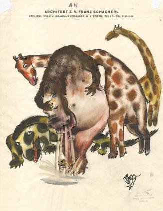 Otto Rudolf Schatz, Speiendes Nilpferd, Giraffen und Alligator, 1930, Feder in Tusche, Aquarell ...
