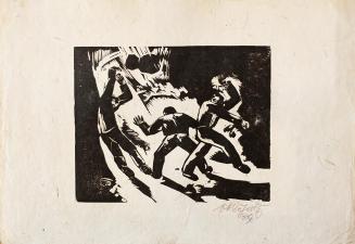 Otto Rudolf Schatz, Steinschlag in der Bergarbeiter Mine, 1930, Holzschnitt auf Büttenpapier, B ...