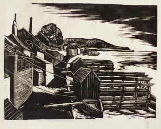 Otto Rudolf Schatz, Schiffmühlen an der Donau, 1928, Holzschnitt, Blattmaße: 46,7 × 54 cm, Priv ...