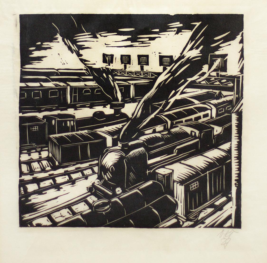 Otto Rudolf Schatz, Bahnhof, 1929, Holzschnitt, Blattmaße: 38,4 × 37,3 cm, Privatbesitz