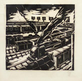 Otto Rudolf Schatz, Bahnhof, 1929, Holzschnitt, Blattmaße: 38,4 × 37,3 cm, Privatbesitz