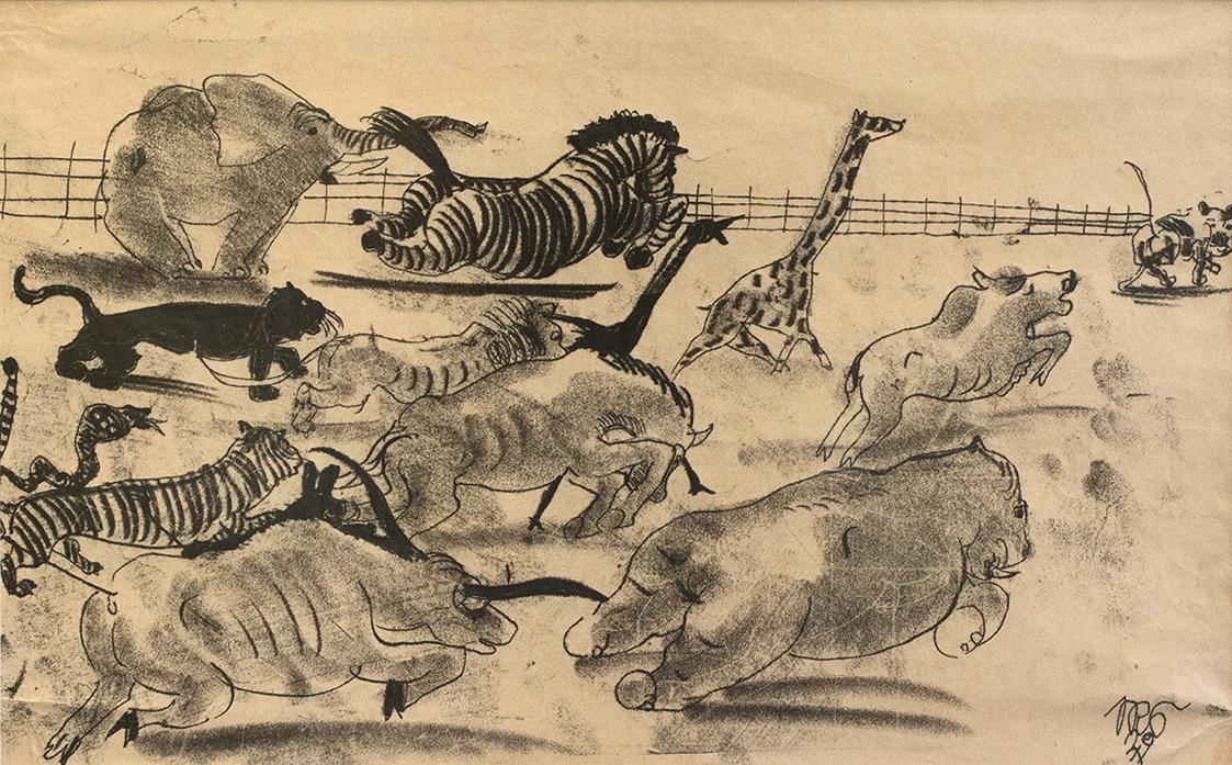 Otto Rudolf Schatz, Exotische Tierjagd nach einer Hyäne, 1929, Monotypie auf Papier, Privatbesi ...