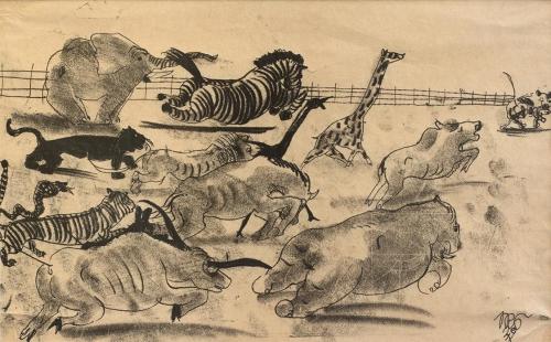 Otto Rudolf Schatz, Exotische Tierjagd nach einer Hyäne, 1929, Monotypie auf Papier, Privatbesi ...