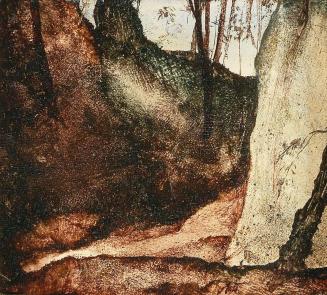 Otto Rudolf Schatz, Wald mit Fels, um 1942, Kaseintempera, Japanlack auf Holz, 6 × 6,7 cm, Schü ...
