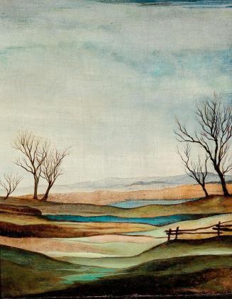 Otto Rudolf Schatz, Landschaft, um 1940, Kaseintempera, Japanlack auf Holz, 25 × 20,3 cm, Priva ...