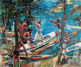 Otto Rudolf Schatz, Aufbruch zur Bootsfahrt in der Lobau, um 1948, Öl auf Platte, 65,2 × 80 cm, ...