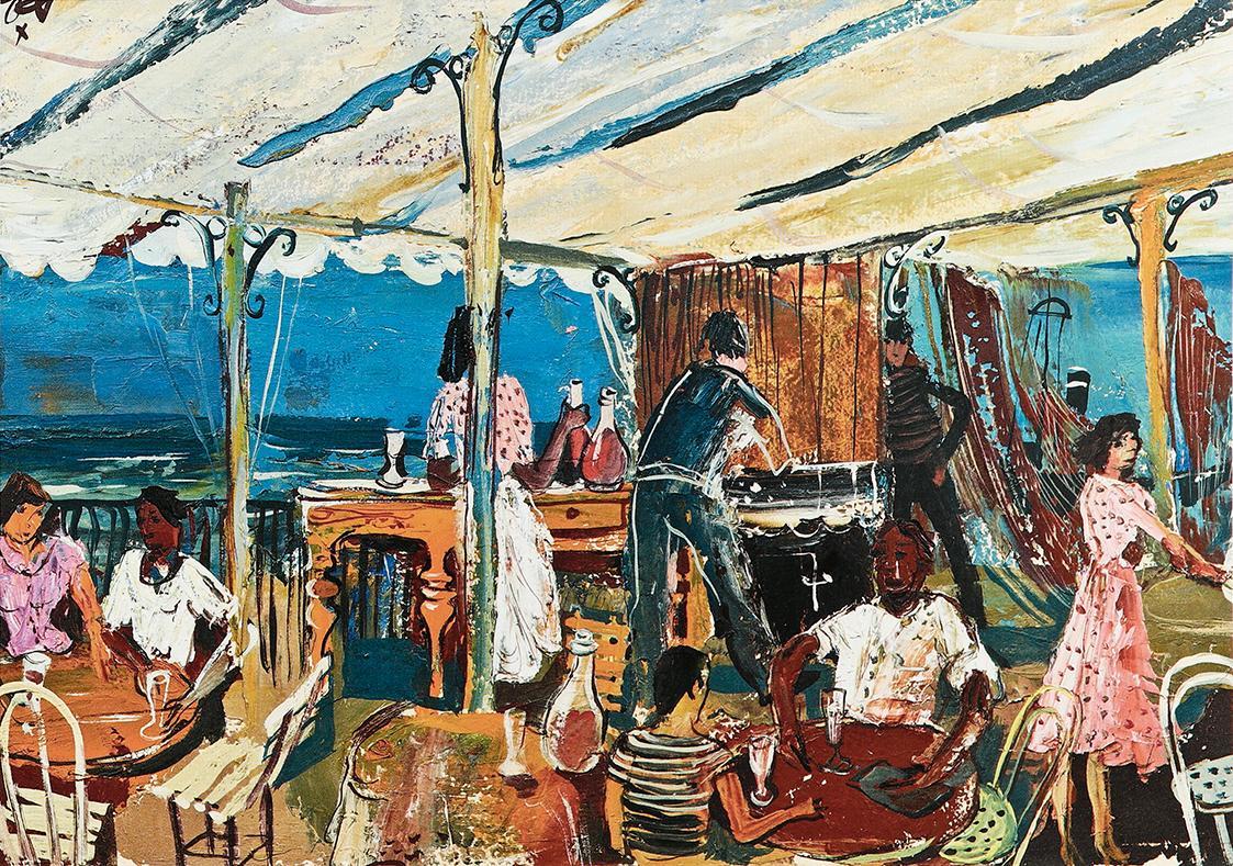 Otto Rudolf Schatz, Terrassencafé an der Adria, um 1938, Öl auf Holz, 32 × 45 cm, Unbekannter B ...