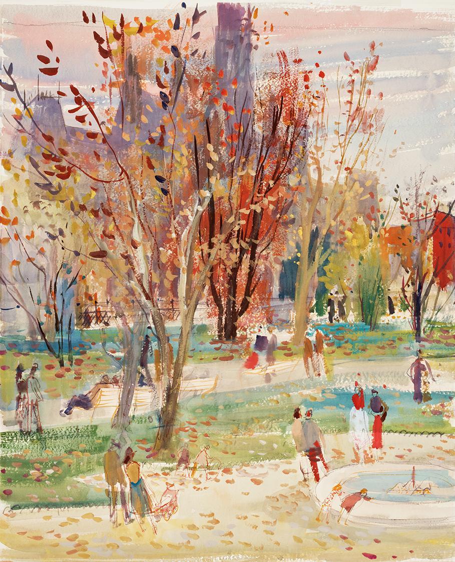 Otto Rudolf Schatz, Herbstlicher Rathauspark, um 1950, Gouache, Bleistift auf Papier, 68,5 × 56 ...