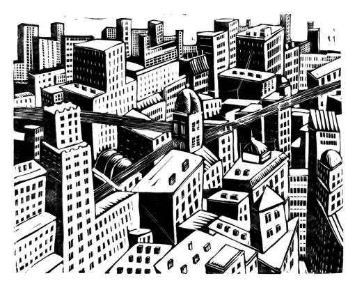 Otto Rudolf Schatz, Die Großstadt, 1928, Holzschnitt, Blattmaße: 30,3 × 46,8 cm, Privatbesitz