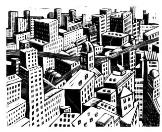 Otto Rudolf Schatz, Die Großstadt, 1928, Holzschnitt, Blattmaße: 30,3 × 46,8 cm, Privatbesitz