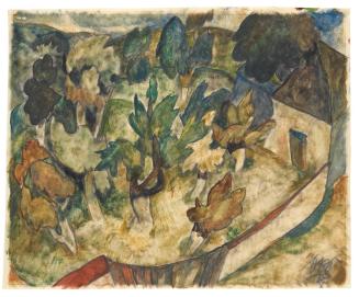 Otto Rudolf Schatz, Vorstadtgarten, 1923, Tempera, Bleistift auf Pergament, 35,8 × 43,8 cm, Wie ...