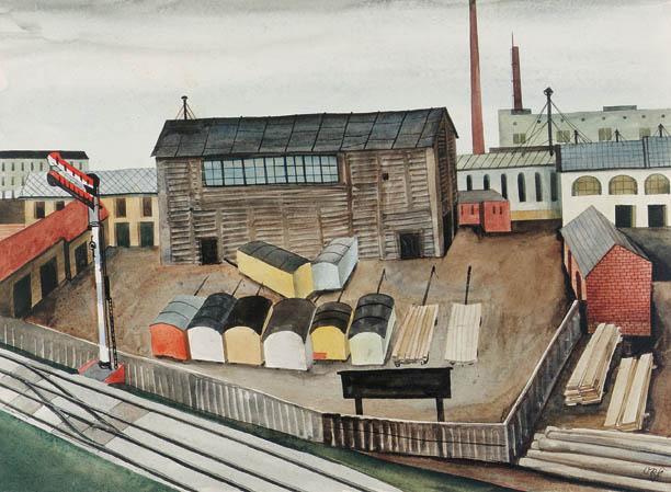 Otto Rudolf Schatz, Fabrikgelände mit Gleisanlage, 1930, Aquarell auf Papier, 34,5 × 46,5 cm, P ...