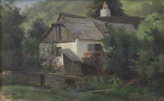 Tina Blau, Bauernhaus in Dornbach, 1868, Öl auf Karton, 23 × 37 cm, Privatbesitz