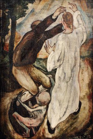 Otto Rudolf Schatz, Begegnung mit dem Tod, um 1921, Öltempera, Bleistift auf Holz, Blattmaße: 2 ...