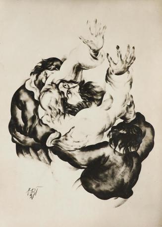 Otto Rudolf Schatz, Moses von zwei Männern gehalten, 1925, Verdünnte Druckerschwärze auf Papier ...