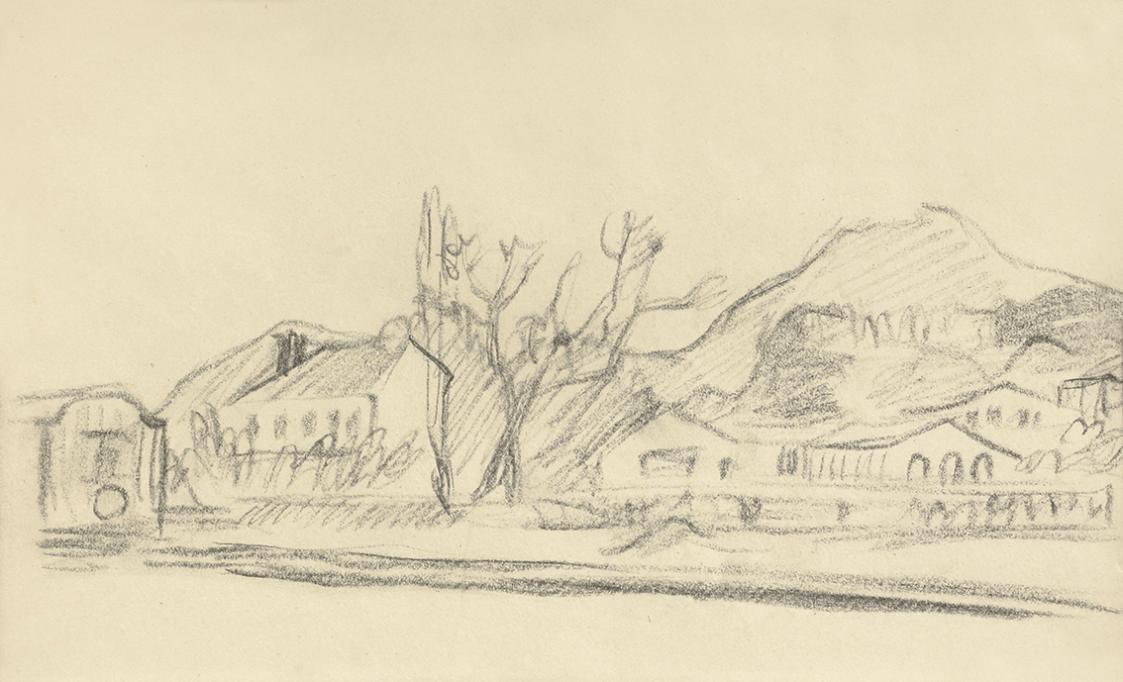 Alfred Wickenburg, Landschaft, 1935/1940, Schwarze Kreide auf Papier, Blattmaße: 28,8 × 43,5 cm ...