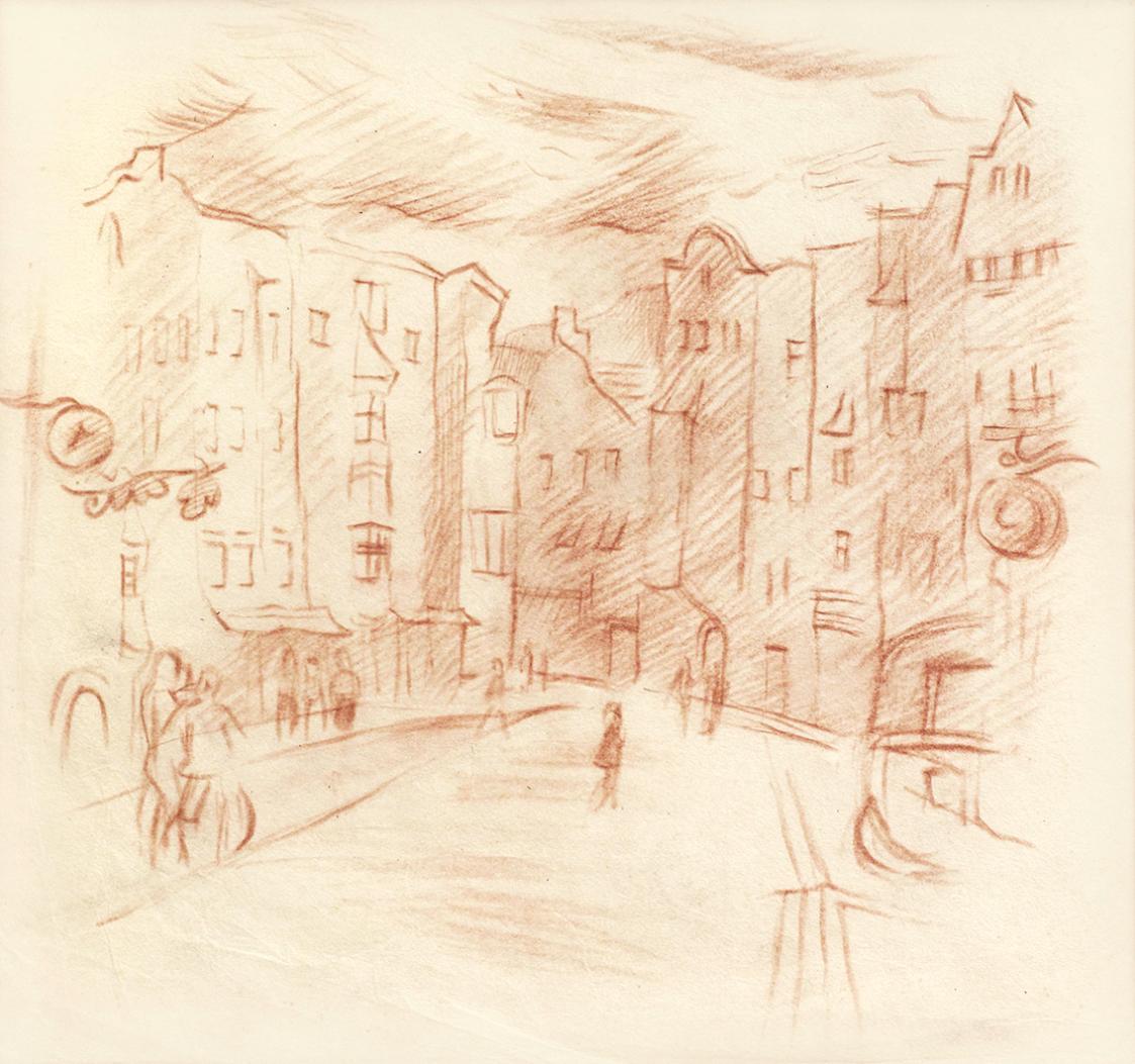 Alfred Wickenburg, Stadtansicht Rattenberg, 1945, Rötel auf Papier, Blattmaße: 36,5 × 40 cm, Pr ...