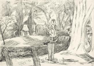 Alfred Wickenburg, Büste in in einem Park, 1964, Schwarzer Kugelschreiber auf Papier, Blattmaße ...