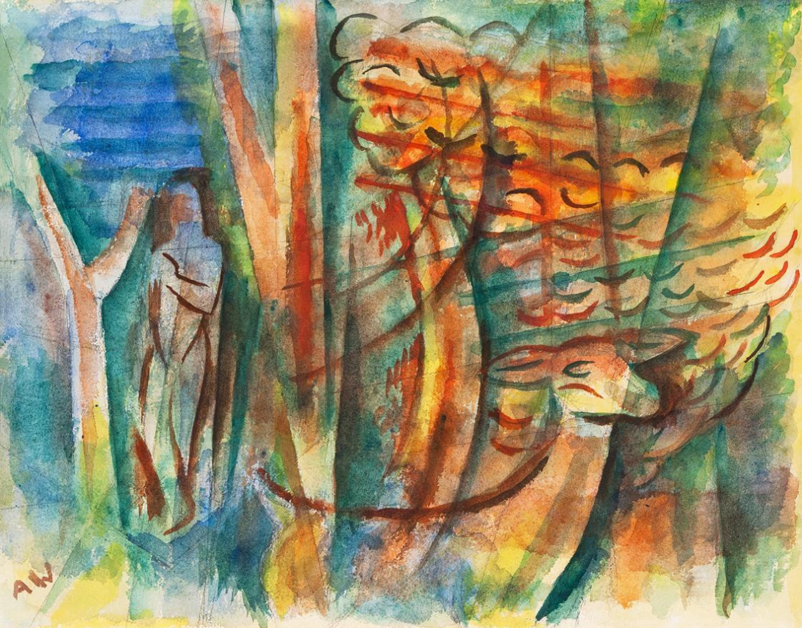 Alfred Wickenburg, Menschliche Figur und Reh in einem Wald, um 1955, Aquarell über Bleistift au ...