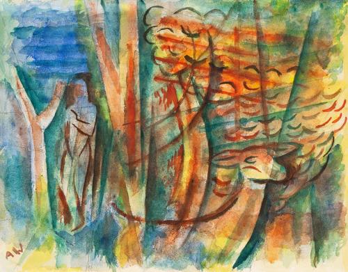 Alfred Wickenburg, Menschliche Figur und Reh in einem Wald, um 1955, Aquarell über Bleistift au ...