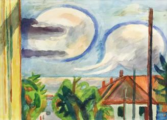 Alfred Wickenburg, Ausblick auf Landschaft mit Haus und Wolken, um 1960, Aquarell auf Papier, B ...