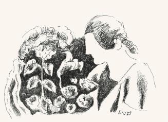 Alfred Wickenburg, Mädchen mit Blumen, 1973, Schwarzer Filzstift auf Papier, Blattmaße: 42 × 58 ...
