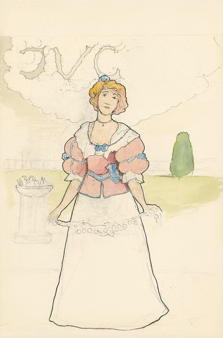 Alfred Wickenburg, Junge Dame in einer Landschaft, 1902, Tusche und Aquarell über Bleistift auf ...