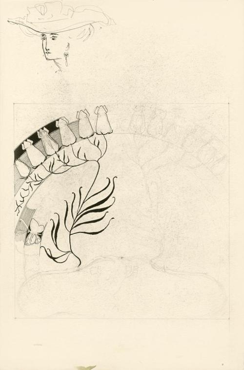 Alfred Wickenburg, Blumenornament und Kopfstudie, 1902, Tusche und Bleistift auf Papier, Blattm ...