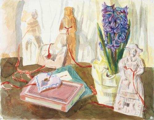 Alfred Wickenburg, Hyazinthe mit Büchern und Lebzeltfiguren, 1933/1934, Aquarell auf Papier, Bl ...