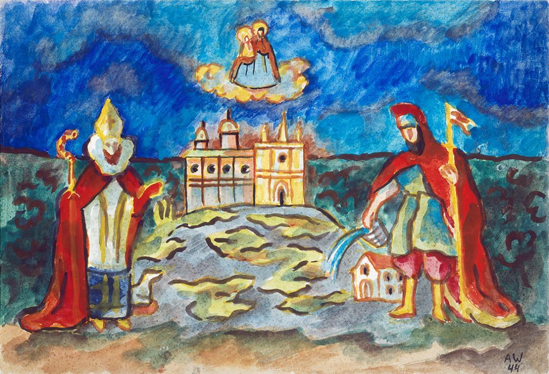 Alfred Wickenburg, Maria mit Kind und hll. Nikolaus und Florian, 1944, Aquarell auf Papier, Bla ...