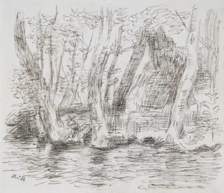 Alfred Wickenburg, Laubbäume am Ufer, Breitehnalm, 1944, Kohle auf Papier, Blattmaße: 21,9 × 25 ...