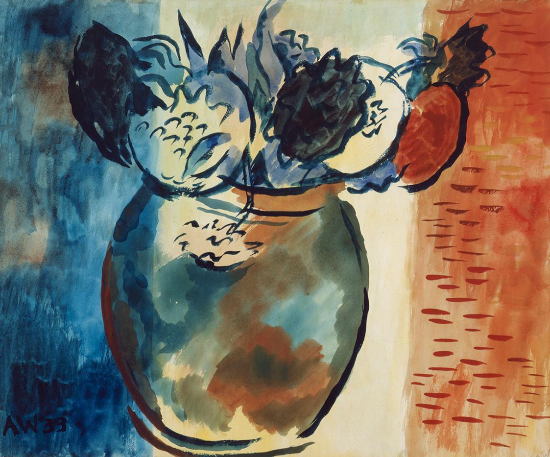 Alfred Wickenburg, Dahlien in Vase, 1933, Aquarell auf Papier, Blattmaße: 47 × 57 cm, Verbleib  ...