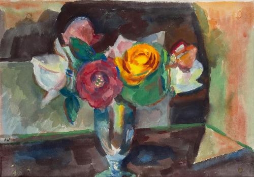 Alfred Wickenburg, Vase mit Rosen, um 1935, Aquarell auf Papier, Blattmaße: 49 × 69,2 cm, Priva ...