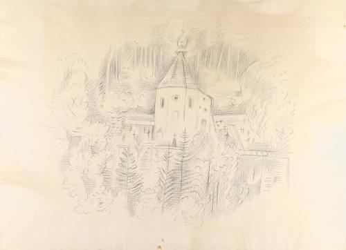 Alfred Wickenburg, Kirche und Friedhof hinter einer Mauer, 1940/1945, Schwarze Kreide auf Papie ...