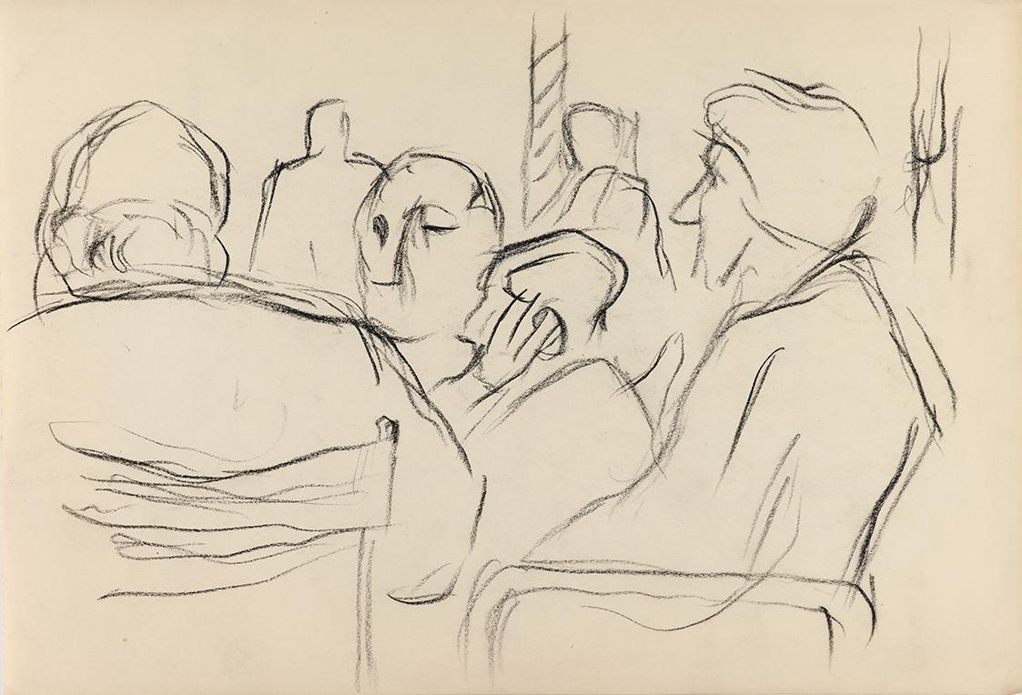 Alfred Wickenburg, Personengruppe, 1950/1954, Kohle auf Papier, Blattmaße: 20,6 × 29,7 cm, Priv ...