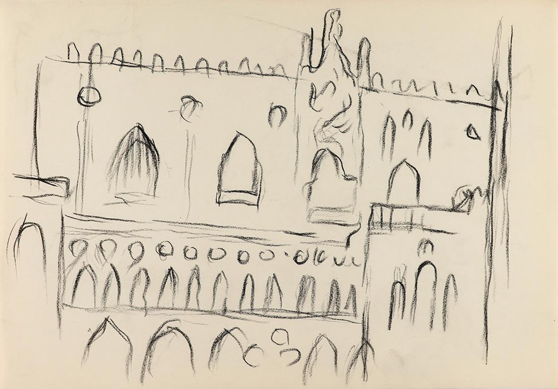 Alfred Wickenburg, Palazzo Ducale, 1950/1954, Kohle auf Papier, Blattmaße: 20,6 × 29,7 cm, Priv ...