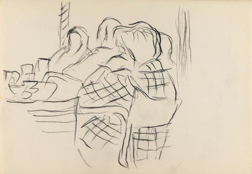 Alfred Wickenburg, Personengruppe in einem Café, 1950/1954, Kohle auf Papier, Blattmaße: 20,6 × ...