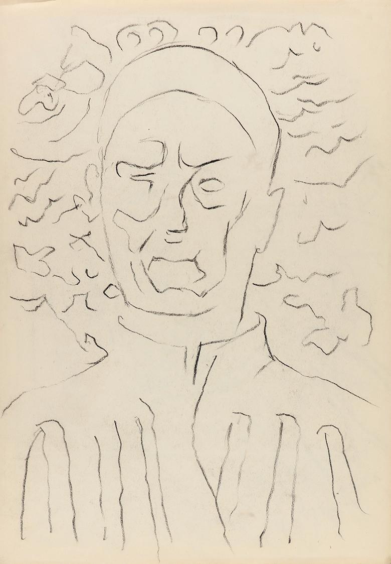 Alfred Wickenburg, Männerfigur, 1950/1954, Kohle auf Papier, Blattmaße: 29,7 × 20,6 cm, Privatb ...