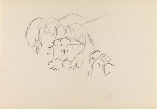 Alfred Wickenburg, Häuser in einer Berglandschaft, 1950/1954, Kohle auf Papier, Blattmaße: 20,6 ...