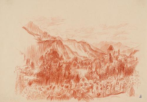 Alfred Wickenburg, Tirol, Talblick bei Kitzbühel, 1946, Rötel auf Papier, Blattmaße: 35,2 × 50  ...