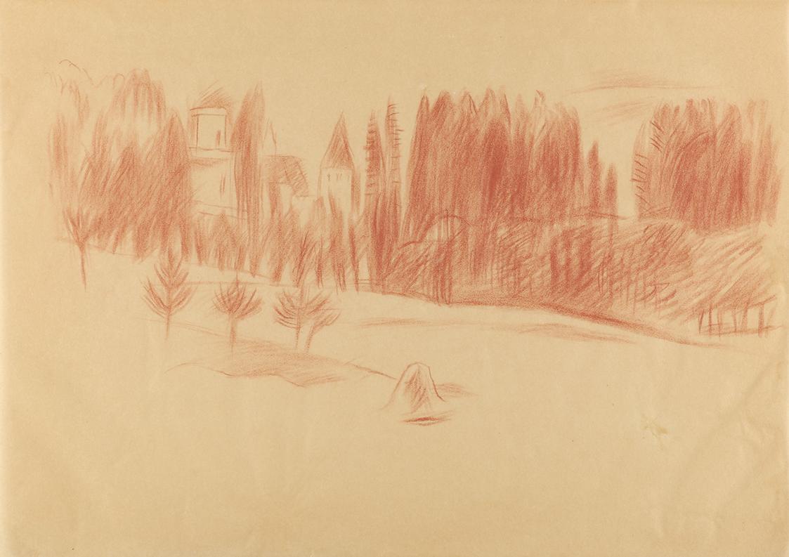 Alfred Wickenburg, Landschaft mit Schloss, 1940, Rötel auf Papier, Blattmaße: 20,8 × 29,6 cm, P ...