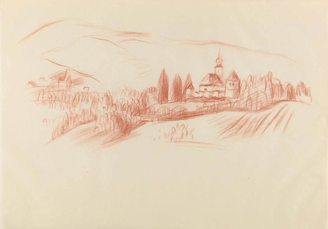 Alfred Wickenburg, Kirche in einer Landschaft, 1940, Rötel auf Papier, Blattmaße: 20,8 × 29,6 c ...