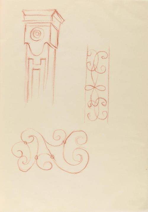 Alfred Wickenburg, Architekturdetails, 1940, Rötel auf Papier, Blattmaße: 29,6 × 20,8 cm, Priva ...