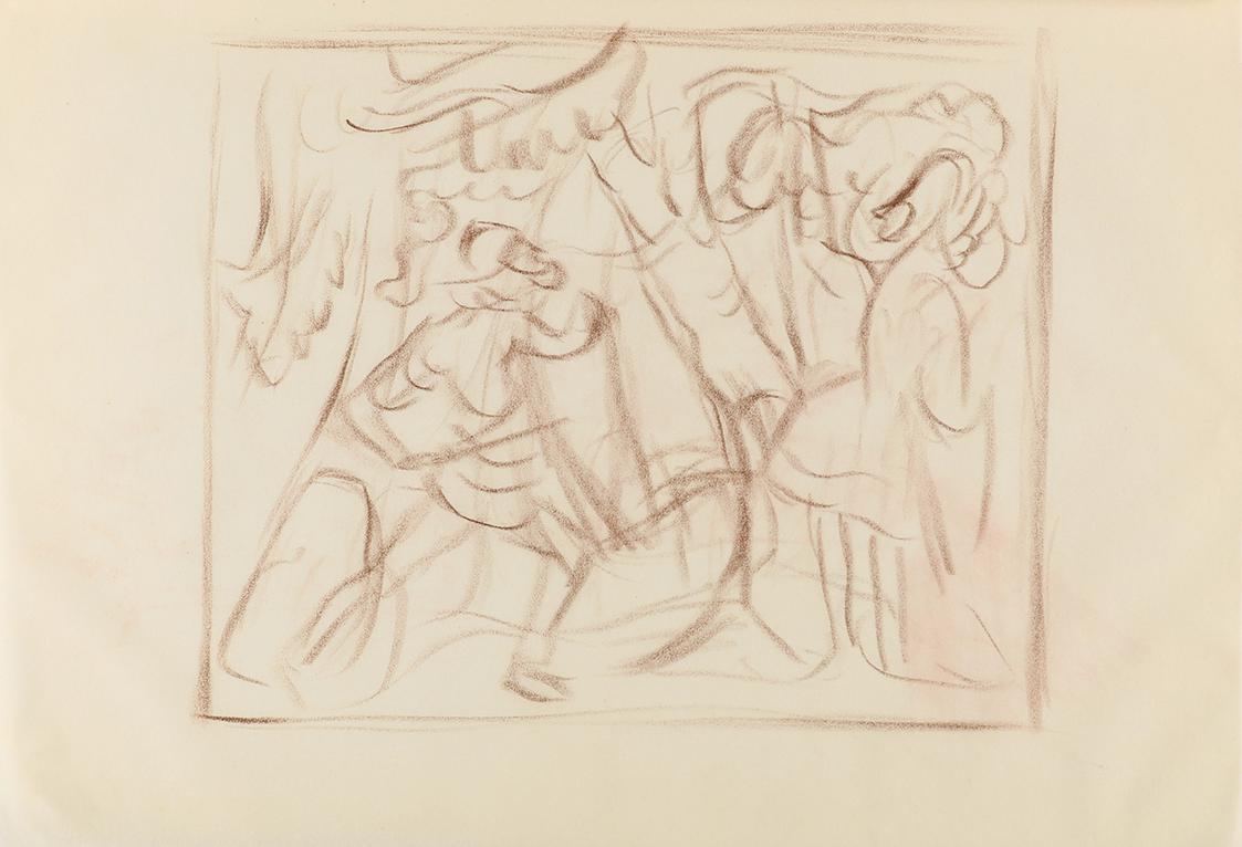 Alfred Wickenburg, Figurenszene, 1940, Braune Kreide auf Papier, Blattmaße: 20,8 × 29,8 cm, Pri ...