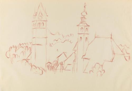 Alfred Wickenburg, Kirchtürme, 1940, Rötel auf Papier, Blattmaße: 20,8 × 29,8 cm, Privatbesitz