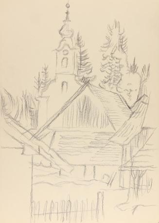 Alfred Wickenburg, Dorfansicht, um 1950, Graphit auf Papier, Blattmaße: 29,5 × 21 cm, Privatbes ...