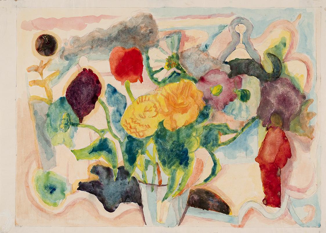 Alfred Wickenburg, Blumenstillleben vor einem gerahmten Bild, 1943/1948, Aquarell über Bleistif ...