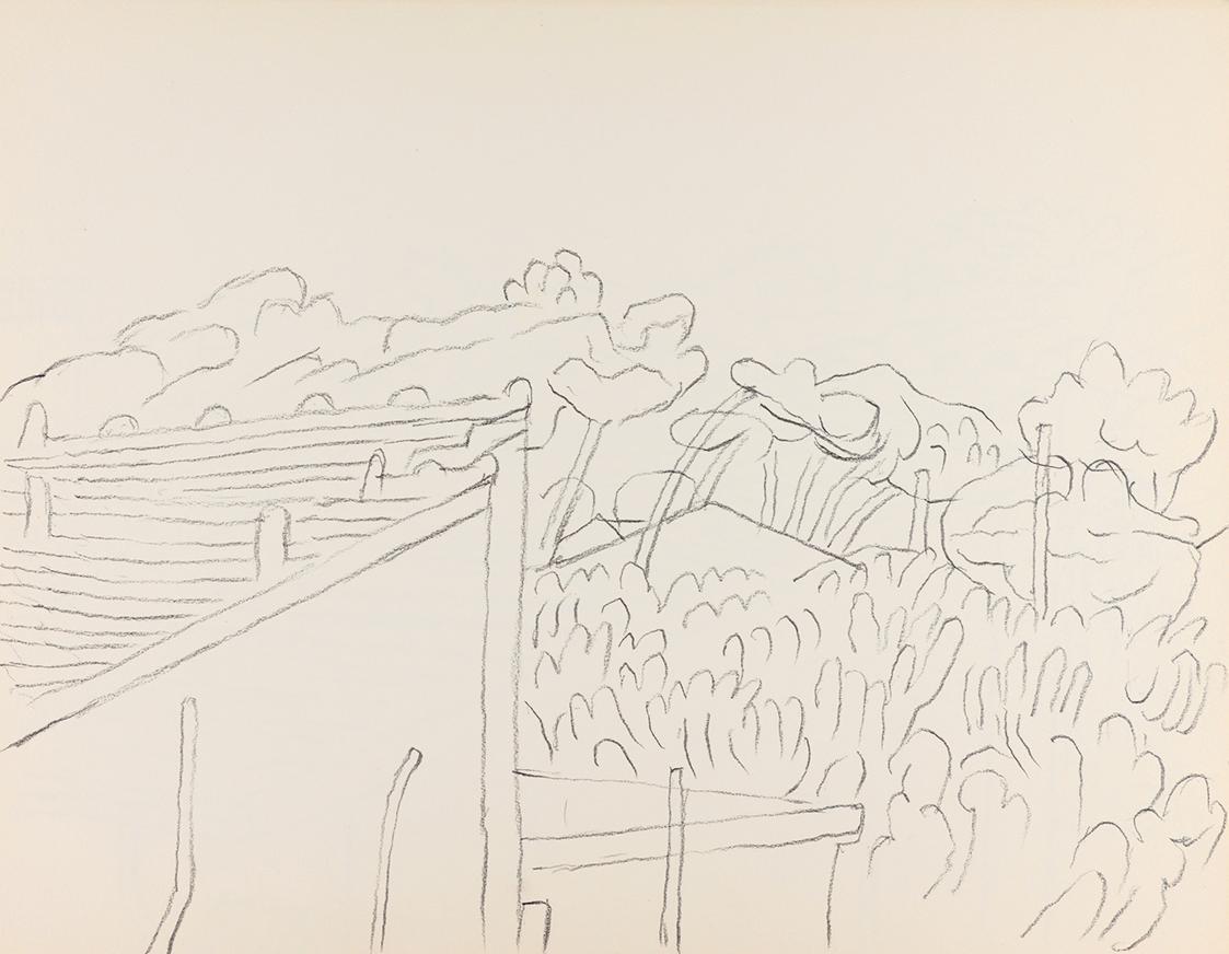 Alfred Wickenburg, Gebäude vor einer Baumlandschaft, um 1961, Bleistift auf Papier, Blattmaße:  ...