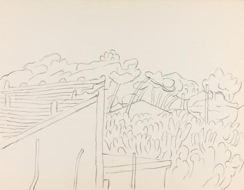 Alfred Wickenburg, Gebäude vor einer Baumlandschaft, um 1961, Bleistift auf Papier, Blattmaße:  ...